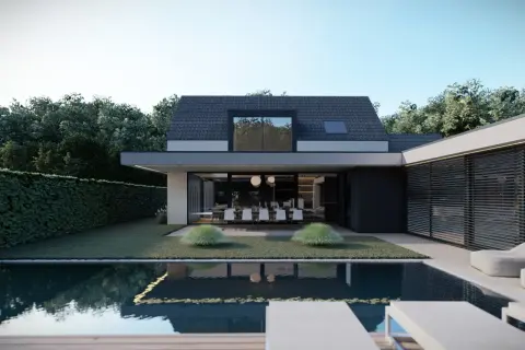 Moderne prefab woning met zwembad en tuin. Grote glazen pui verbindt binnen met buiten.
