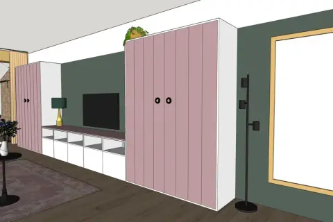 Moderne woonkamer met roze kasten, tv-meubel en eethoek. Een complete uitzetlijst huis voor een stijlvol interieur.