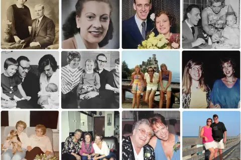 Collage met familiefoto's, van zwart-wit tot kleur. Een inspiratie voor wat te doen met oude foto's: herinneringen delen met dierbaren.