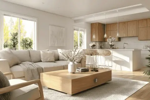 Lichte woonkamer met open keuken, perfect voor iemand die **alleen wonen** omarmt. Een comfortabele bank, houten meubels en veel licht.