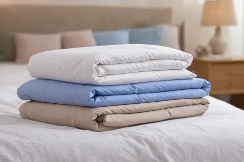 Stapel van drie opgevouwen dekbedovertrekken: wit, lichtblauw en beige. Ideaal om te weten hoeveel dekbedovertrekken je nodig hebt voor een frisse look.