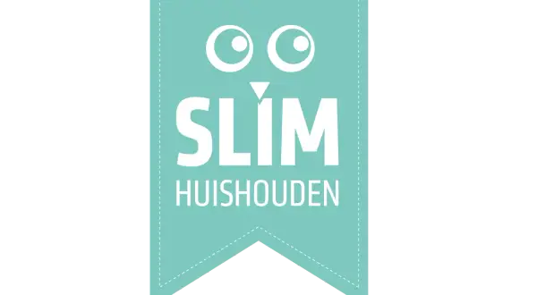 Een mintgroene vlag met de tekst "SLIM HUISHOUDEN" en een grappig gezichtje. Perfect voor wie slim wil opruimen!