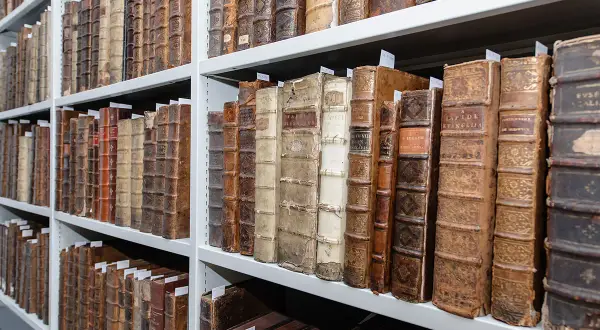 Rijen oude, leren boeken op witte planken. De ruggen zijn versierd met goud en tonen de zorgvuldige manier waarop men vroeger boeken bewaarde.
