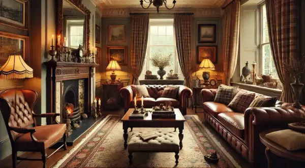 Gezellig engelse cottage stijl interieur met lederen banken, open haard en warme verlichting.