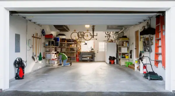 Een man richt een kleine garage in. Fietsen hangen aan het plafond, gereedschap hangt aan de muur en er staan opbergkasten vol spullen.