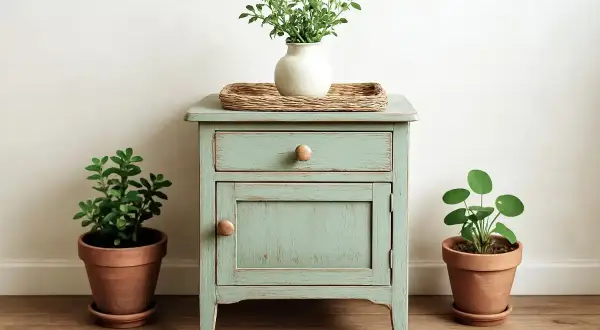 Een opgeknapt groen nachtkastje met lade en deurtje, omringd door planten. Perfect voor kringloop meubels opknappen.