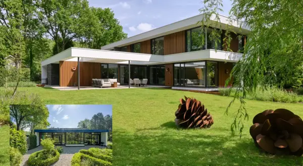 Moderne villa met veel glas en hout. Inspiratie voor huis verbouwen tips: strakke lijnen, groen en kunst in de tuin.
