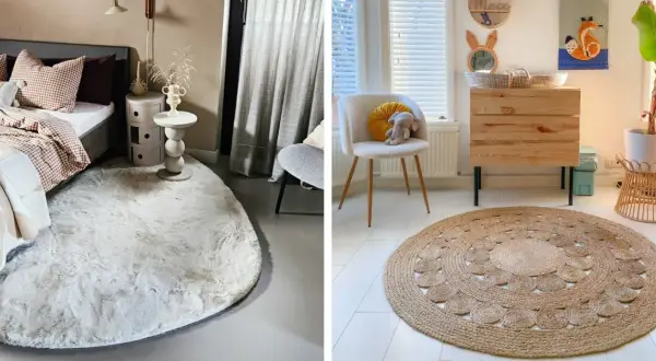 Twee kamers met vloerkleden: een slaapkamer met een zacht, rond vloerkleed en een woonkamer met een rond jute vloerkleed, beide creëren een rustige sfeer met feng shui principes.