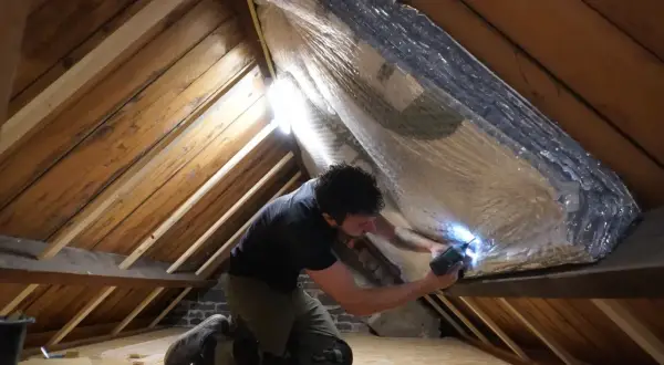Man isoleert de zolder met reflecterend materiaal. Zo wordt de warmte in huis gehouden en bespaart hij op energiekosten.