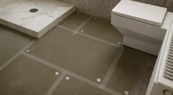 Badkamer in aanbouw, met een douchebak, toilet en voorbereiding voor plafond tegelen.