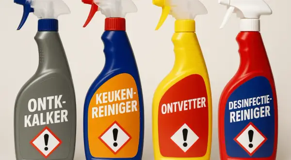 Vier spuitflessen met schoonmaakmiddelen: ontkalker, keukenreiniger, ontvetter en desinfectiereiniger. Wat is een mild schoonmaakmiddel?