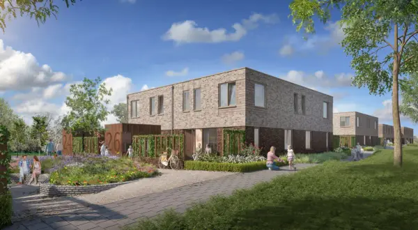 Moderne rug aan rug woning met gezinnen die genieten van de bloeiende tuin en het buitenleven.