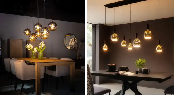 Stijlvolle spots boven eettafel creëren sfeer. Twee eetzalen met moderne verlichting en tafels, klaar voor gezellige diners.