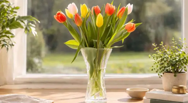 Boeket tulpen in vaas, een vraag over tulpen afsnijden of niet. Zonnig tafereel bij het raam.