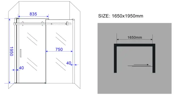 Technische tekening van een inloopdouche met afmetingen 1650x1950mm. De hoogte van de nis is 1950mm.