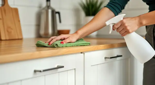 Een hand met rode nagellak spuit reinigingsmiddel op het aanrecht voor het bovenkant keukenkastjes schoonmaken.
