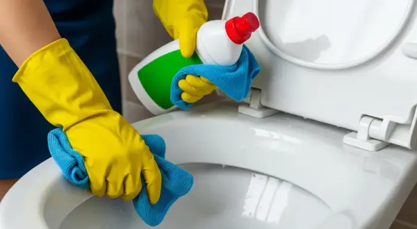 Gele handschoenen maken de wc vloer schoon met een blauwe doek en schoonmaakmiddel.