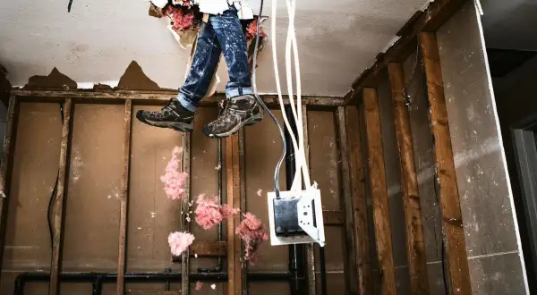 Man met werklaarzen en jeans hangt door een gat in het plafond, omringd door isolatie. Een doe-het-zelf project om zelf te verbouwen.