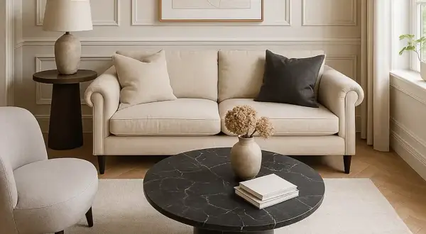 Een stijlvol interieur klassiek met een crèmekleurige bank, marmeren salontafel en een comfortabele fauteuil.