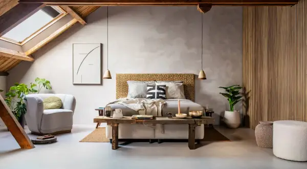 Slaapkamer met een bed, fauteuil, planten en een rustieke houten bank. De **plattegrond slaapkamer** toont een sfeervolle, lichte ruimte met een schuin dak.