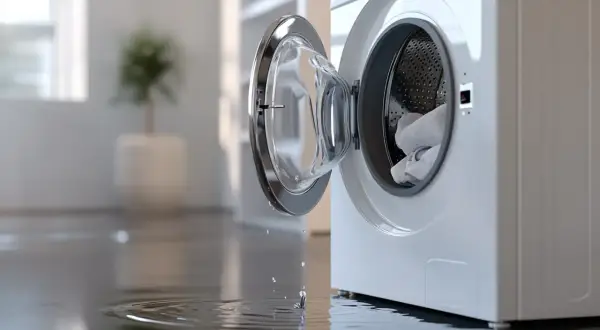 Water druppelt uit de open wasmachinedeur op de natte vloer. De watertoevoer wasmachine werkt niet, wat zorgt voor een onaangename verrassing.
