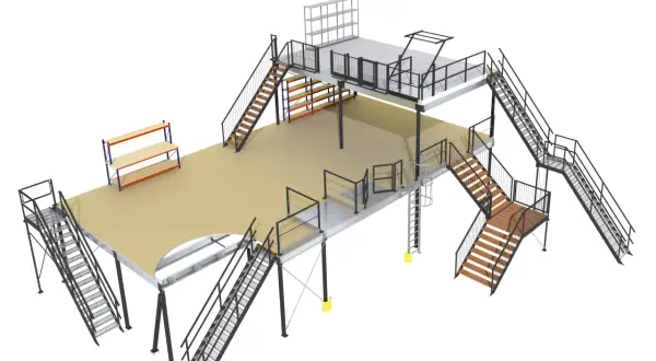 Een moderne entresol woning met meerdere niveaus, trappen en opslagruimte.