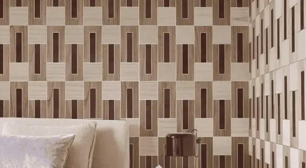 Een stijlvol behang met een geometrisch patroon van bruine en beige rechthoeken, perfect voor een kleine ruimte.
