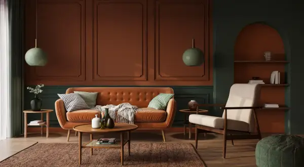 Een woonkamer in art deco stijl met een oranje bank, fauteuil, ronde salontafel en groene accenten.