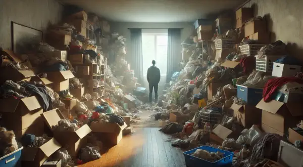 Een man staat in een kamer vol met spullen, een beeld dat de ware hoarders betekenis illustreert. Overal liggen dozen en rommel.