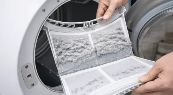 Een verstopte pluizenfilter van de wasmachine, vol met grijze pluisjes. Dit kan leiden tot een wasmachine die vastloopt.