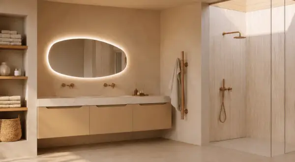 Moderne badkamer met verlichte spiegel, zwevend badmeubel, inloopdouche en koperen accenten. De spiegel verven zou deze serene sfeer nog versterken.