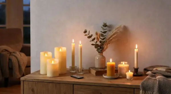 Sfeervolle LED-kaarsen, een veilig alternatief voor kaarsen, verlichten een houten meubel met een vaas en droogbloemen.