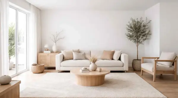 Een lichte woonkamer met een bank, fauteuil, salontafel en plant. Dit is wat is minimalistisch: rust, ruimte en natuurlijke materialen.