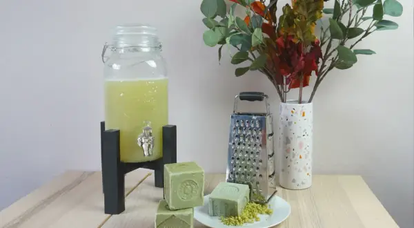 Zelf wasmiddel maken ervaringen: groene zeepblokken, rasp, en een glazen dispenser met gele vloeistof. Een vaas met herfstbladeren completeert het tafereel.