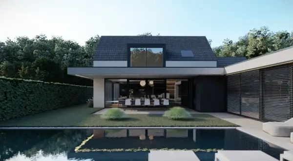 Moderne prefab woning met zwembad en tuin. Grote glazen pui verbindt binnen met buiten.