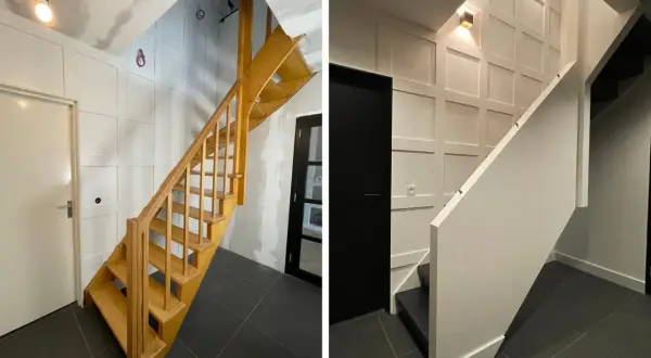 Voordat en nadat de trap is dichtgemaakt met witte panelen. De houten trap is nu een strakke, moderne trap.