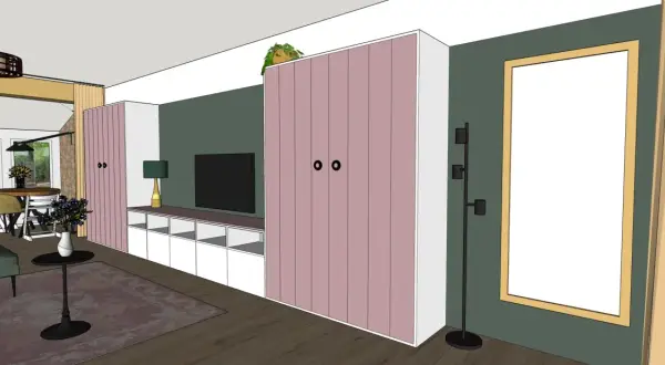 Moderne woonkamer met roze kasten, tv-meubel en eethoek. Een complete uitzetlijst huis voor een stijlvol interieur.