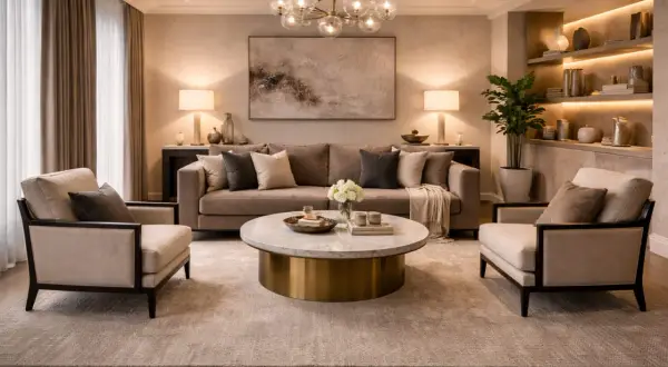 Een hotel chique woonkamer met comfortabele bank, fauteuils, marmeren salontafel en sfeervolle verlichting.