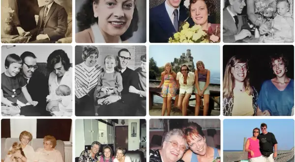 Collage met familiefoto's, van zwart-wit tot kleur. Een inspiratie voor wat te doen met oude foto's: herinneringen delen met dierbaren.