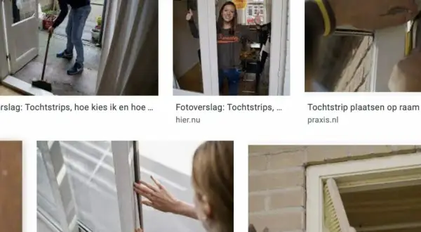 Man veegt deurpost schoon, vrouw geeft duim omhoog bij raam, hand plaatst tochtstrip. Zo kies je de beste tochtstrip voor je huis.