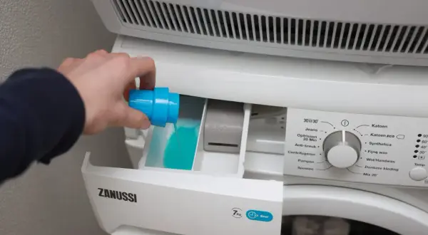 Hand giet blauw wasmiddel in het bakje van de wasmachine. Links of rechts, het bakje is duidelijk gemarkeerd.