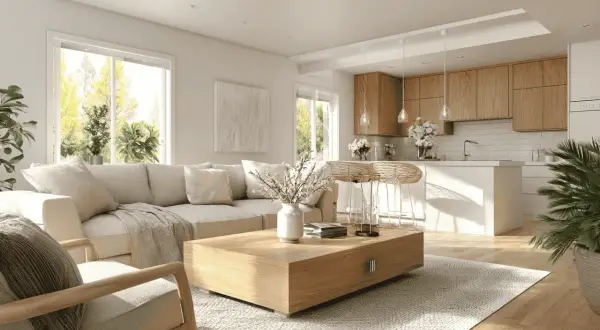 Lichte woonkamer met open keuken, perfect voor iemand die **alleen wonen** omarmt. Een comfortabele bank, houten meubels en veel licht.