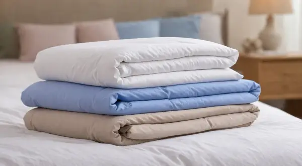 Stapel van drie opgevouwen dekbedovertrekken: wit, lichtblauw en beige. Ideaal om te weten hoeveel dekbedovertrekken je nodig hebt voor een frisse look.