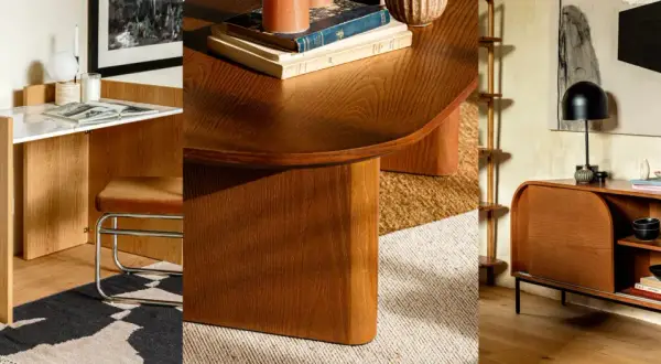 Een bureau, tafel en kast in warme houttinten, die vragen welke kleur past bij walnoot hout.