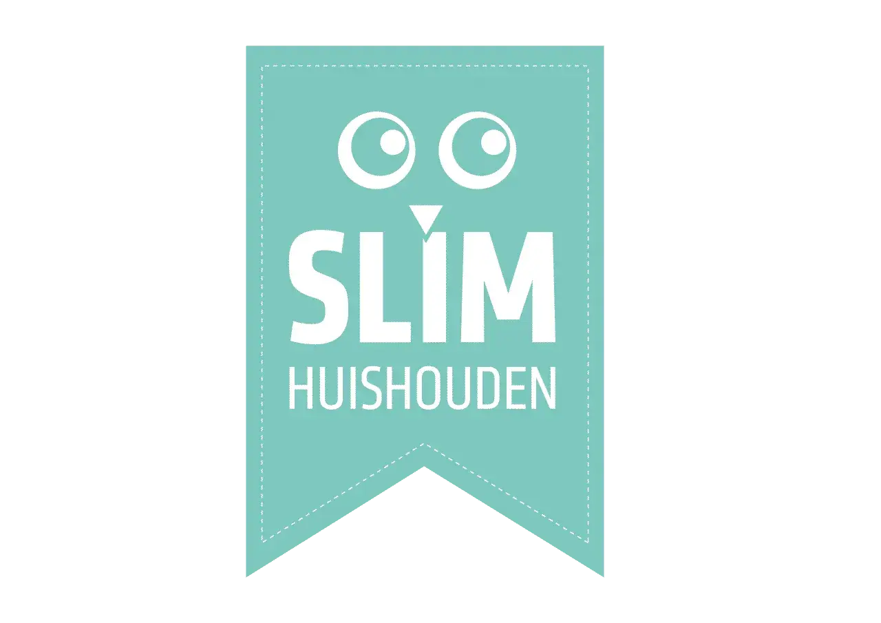 Een mintgroene vlag met de tekst "SLIM HUISHOUDEN" en een grappig gezichtje. Perfect voor wie slim wil opruimen!