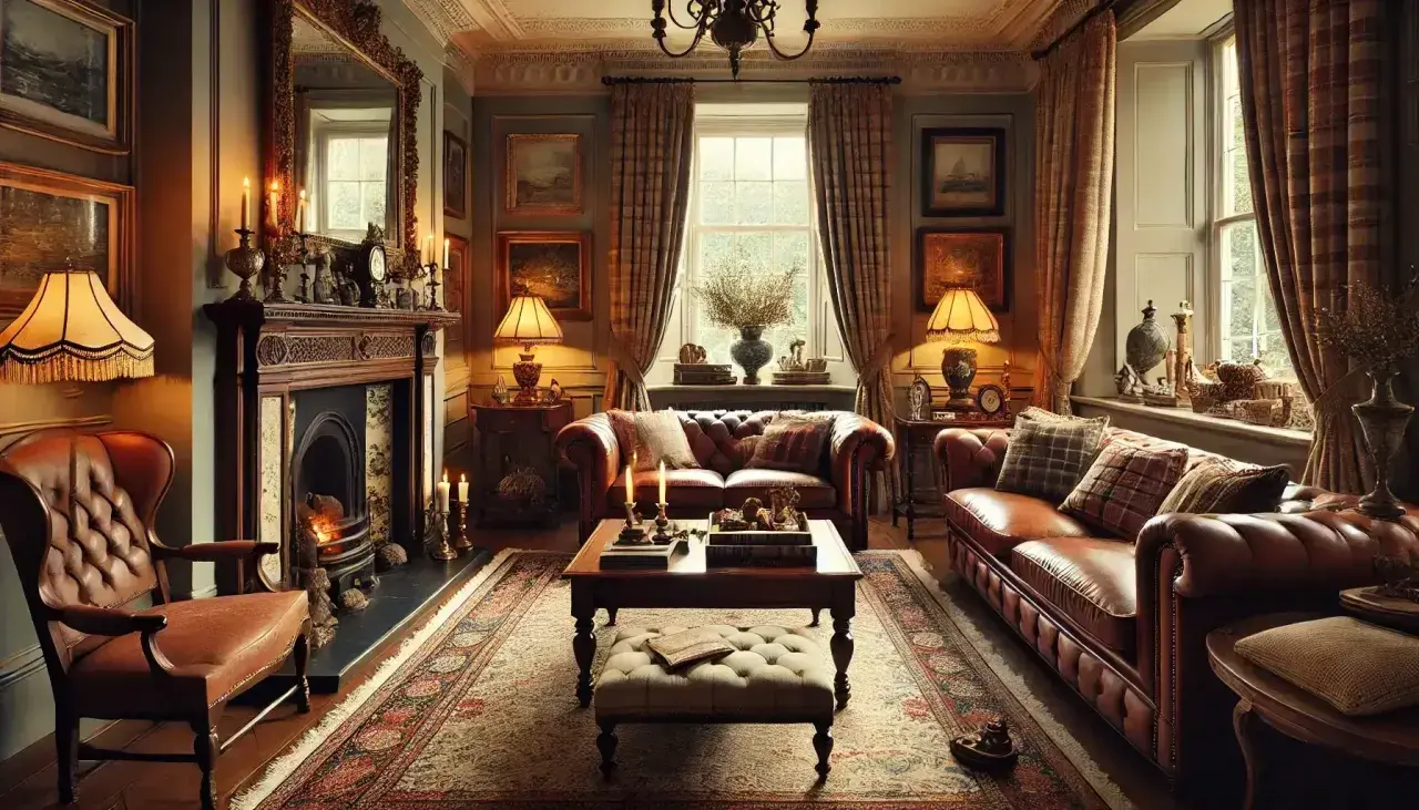 Gezellig engelse cottage stijl interieur met lederen banken, open haard en warme verlichting.