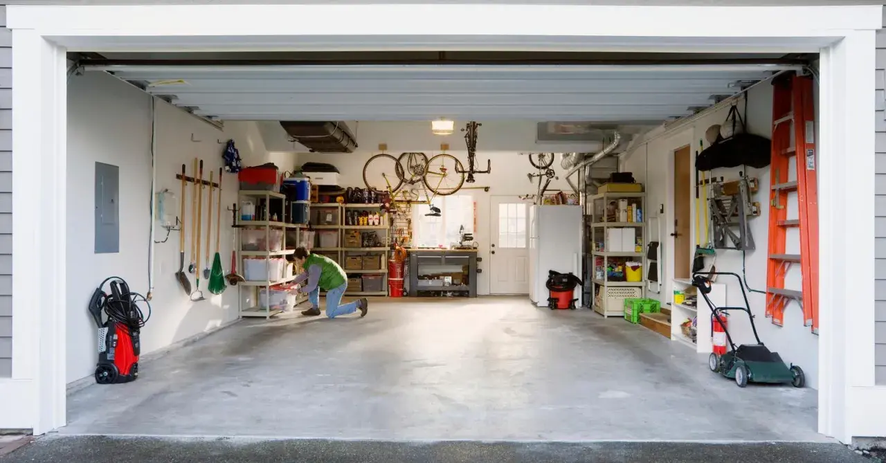 Een man richt een kleine garage in. Fietsen hangen aan het plafond, gereedschap hangt aan de muur en er staan opbergkasten vol spullen.