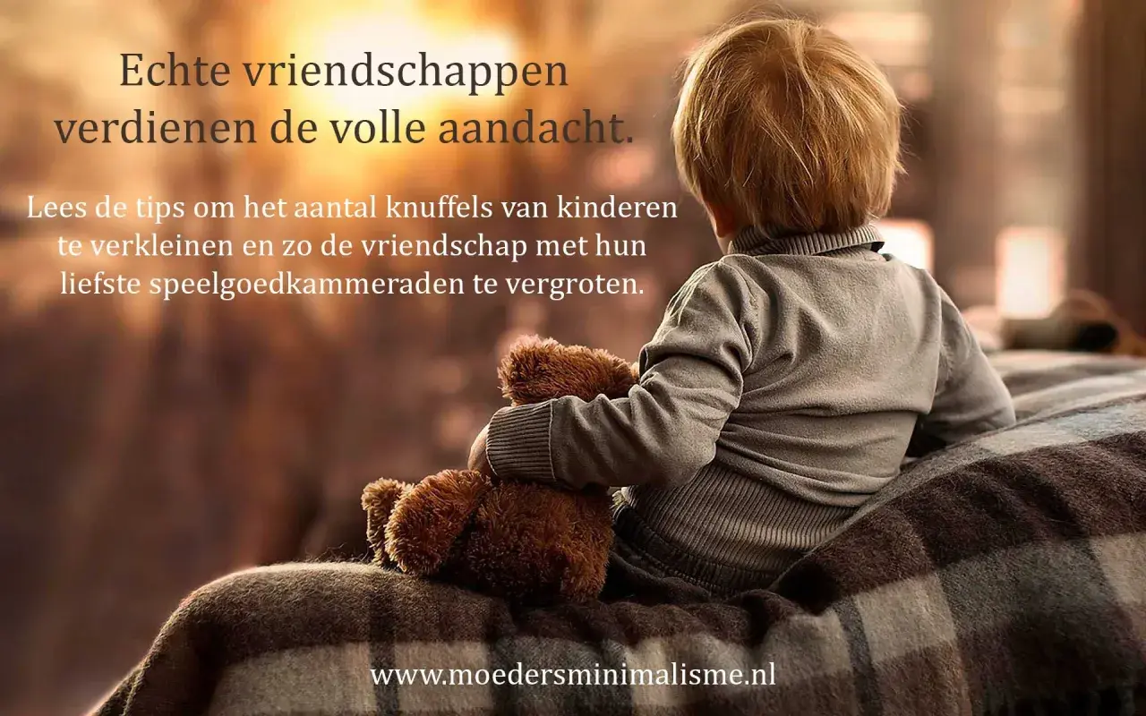 Een kind met een knuffelbeer, omringd door een plaid. Tips voor het verminderen van knuffels en het vergroten van vriendschap met speelgoed.