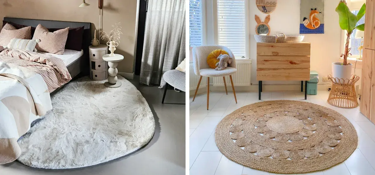 Twee kamers met vloerkleden: een slaapkamer met een zacht, rond vloerkleed en een woonkamer met een rond jute vloerkleed, beide creëren een rustige sfeer met feng shui principes.
