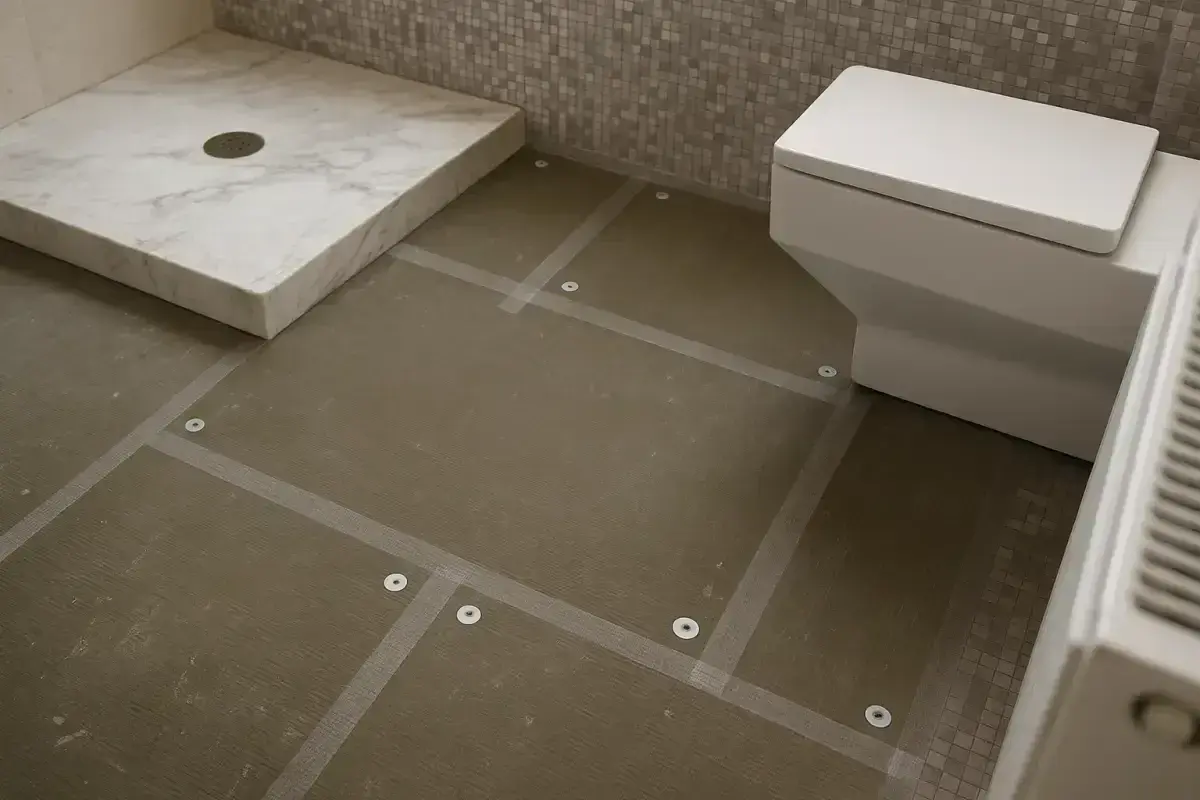 Badkamer in aanbouw, met een douchebak, toilet en voorbereiding voor plafond tegelen.